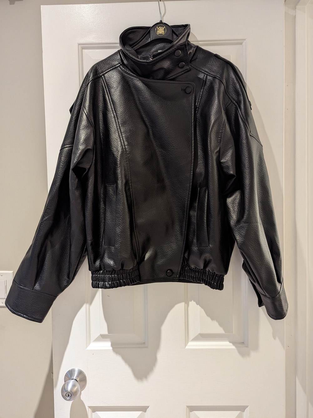 Funnel Neck Black Bomber Jacket Faux Leather M/L Edgy Minimalist Chic Y2K Moto